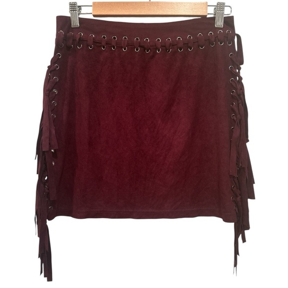 POL Maroon Lace-Up Fringe Mini Skirt Western Cowgirl Rodeo Festival Sz M - Picture 1 of 7